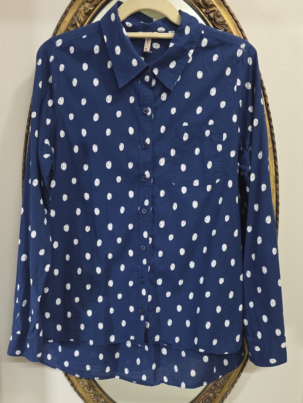 Red Camel Womens Long Sleeve Navy Blue Polka Dot Button-Up Shirt Cotton Size M
